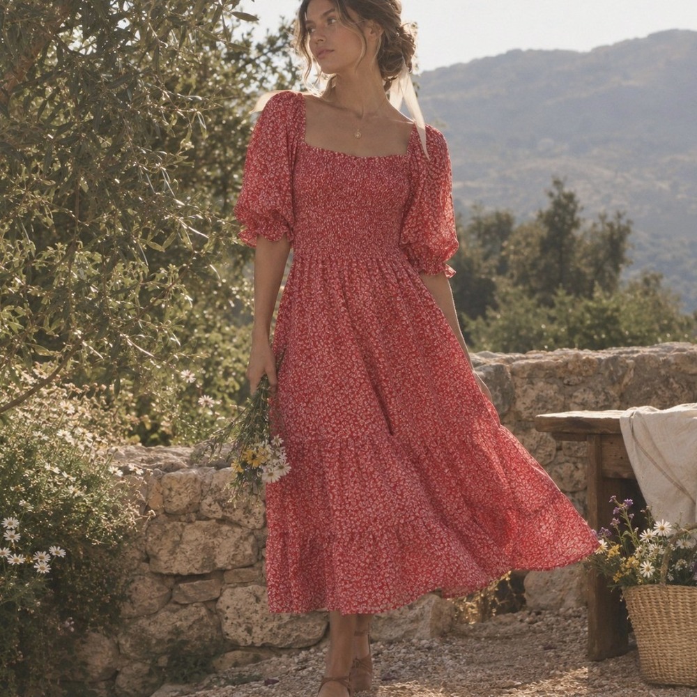 Smocked Floral Midi Dress Medium Red Boho Cottagecore Romantic Feminine Prairie